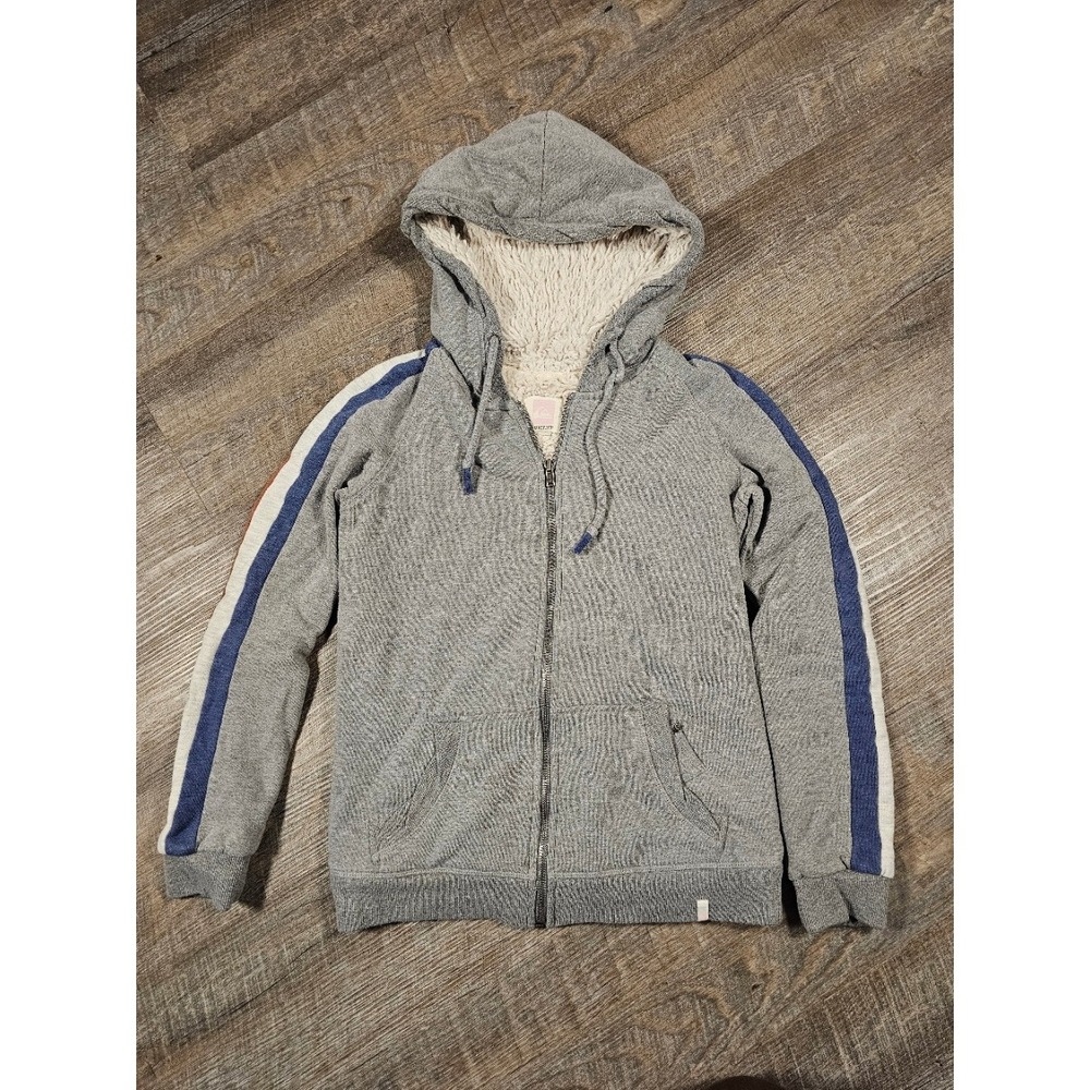 Quiksilver Sherpa Lined Full Zip Hoodie Gray Stripe Small Surf‎ Skate Sweatshirt